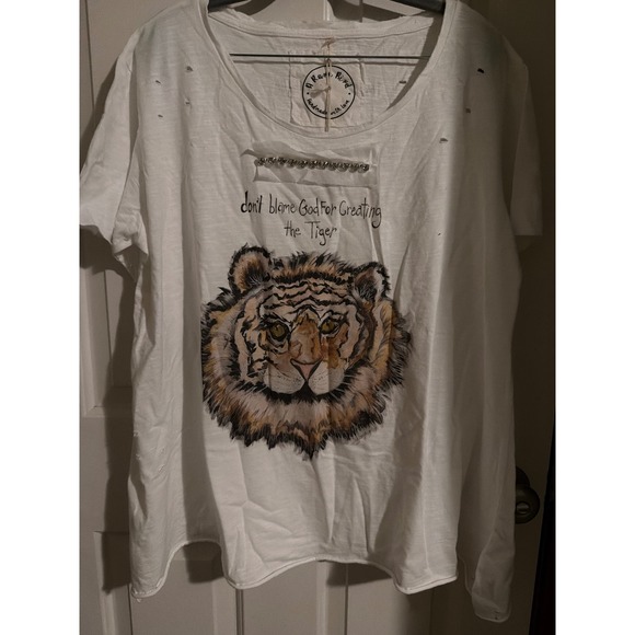 A Rare Bird Tops - L/XL A Rare Bird Handmade Tiger Angel Wings Graphic T-Shirt White Distressed NWT